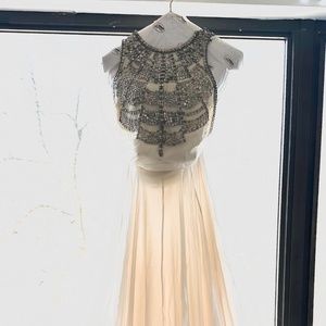 Amanda Wakeley Cleopatra Silk Georgette Gown (Ivory/Off-White) w Silver Beading